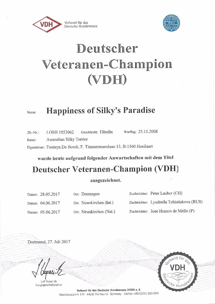 of Silky's Paradise - HAPPINESS: CERTIF VETERAN CHAMPION D (VDH)