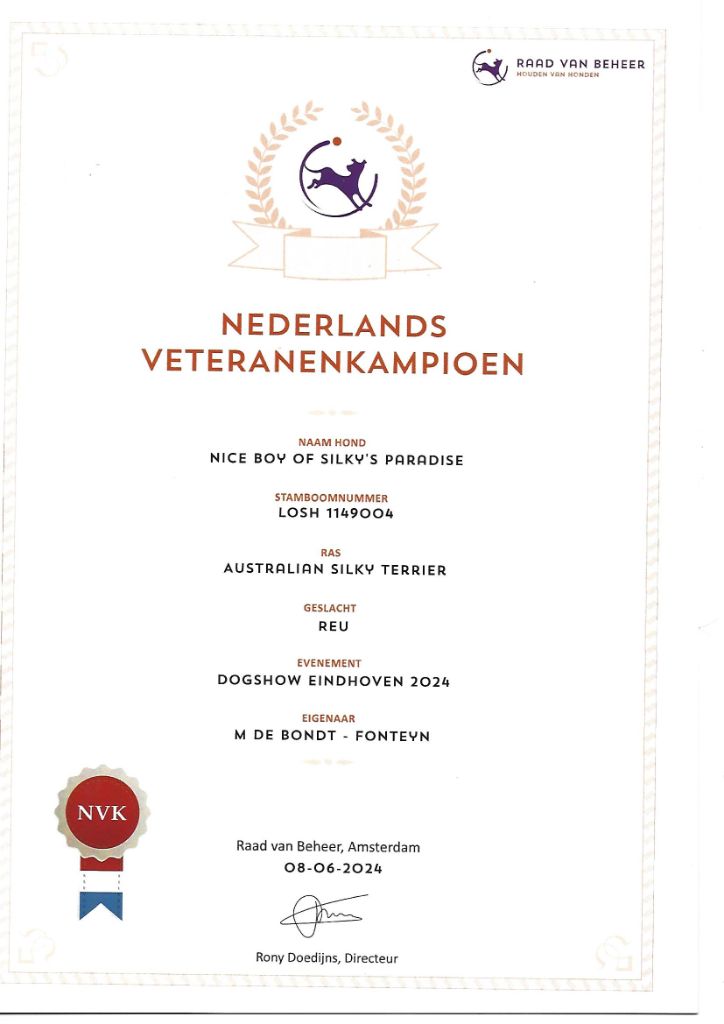 of Silky's Paradise - NICE BOY: DIPLOMA VETERAN CHAMPION NL