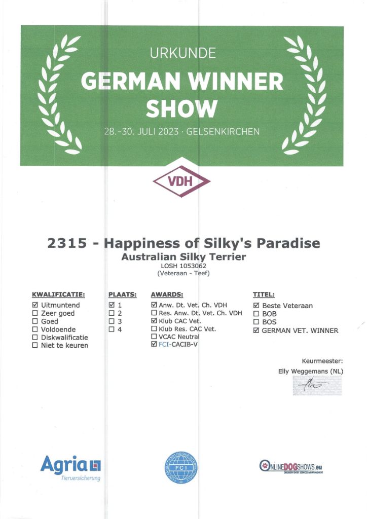 of Silky's Paradise - HAPPINESS: CERTIFICATE GERMAN VETERAN WINNER (VDH) D 2023
